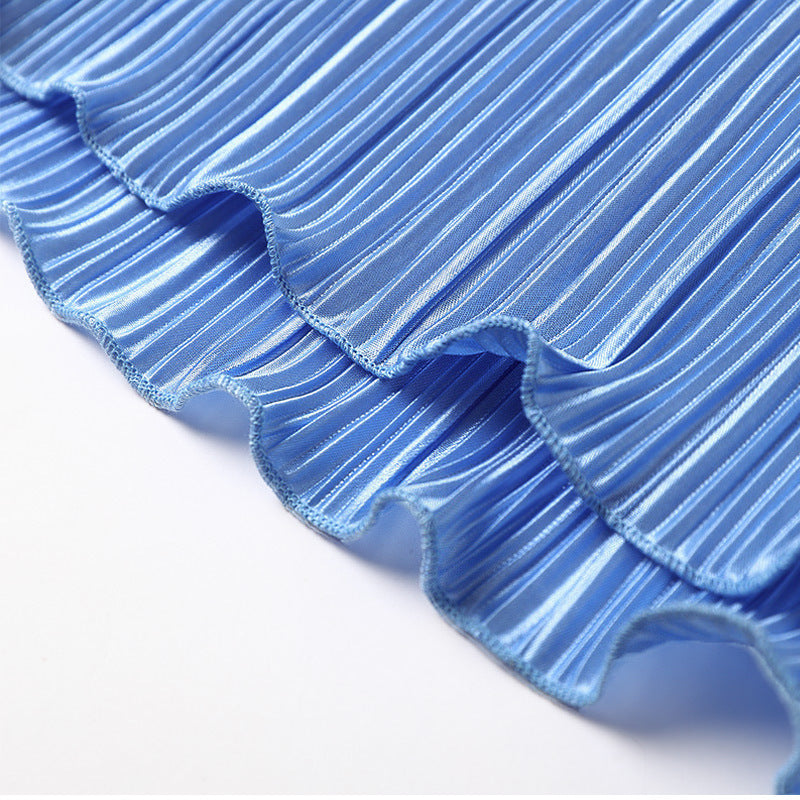 Micro Pleated Shirt And Wide Leg Pant Set - Skyblue - 3
