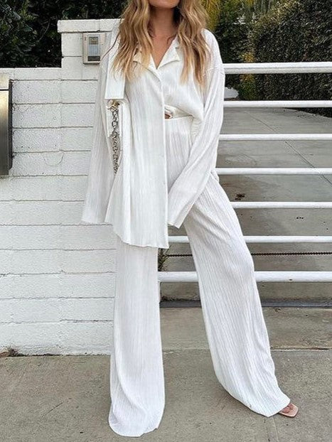 Micro Pleated Shirt And Wide Leg Pant Set - White - 1
