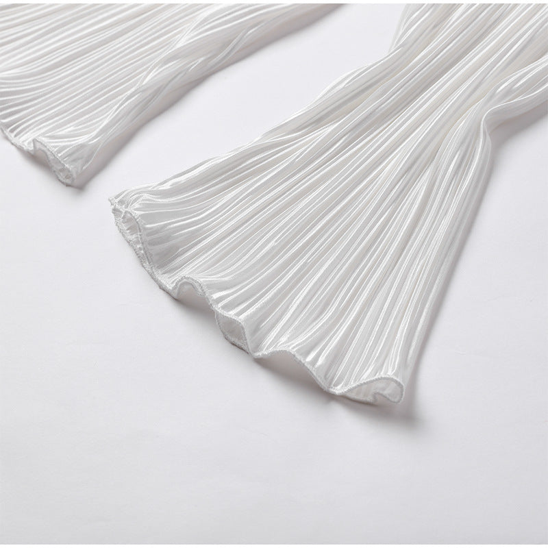 Micro Pleated Shirt And Wide Leg Pant Set - White - 3