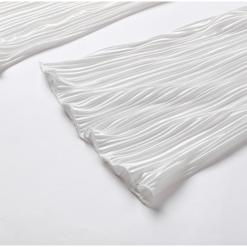 Micro Pleated Shirt And Wide Leg Pant Set - White - 4