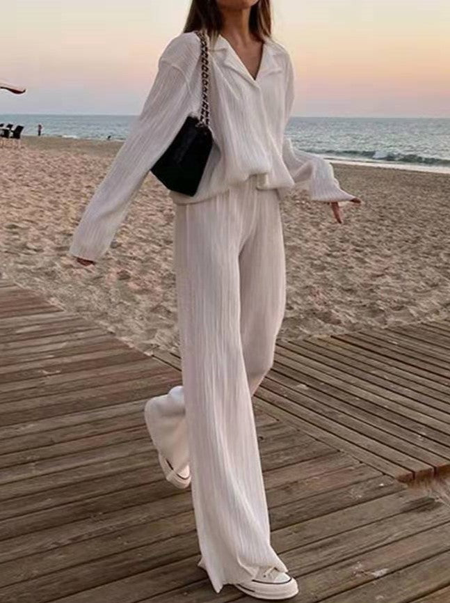 Micro Pleated Shirt And Wide Leg Pant Set - White - 7