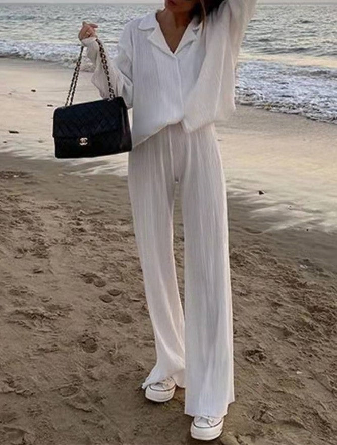 Micro Pleated Shirt And Wide Leg Pant Set - White - 8