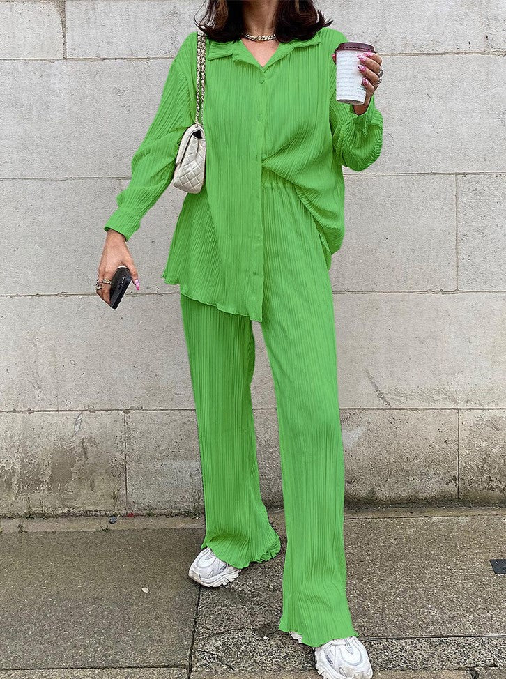 Micro Pleated Shirt And Wide Leg Pant Set