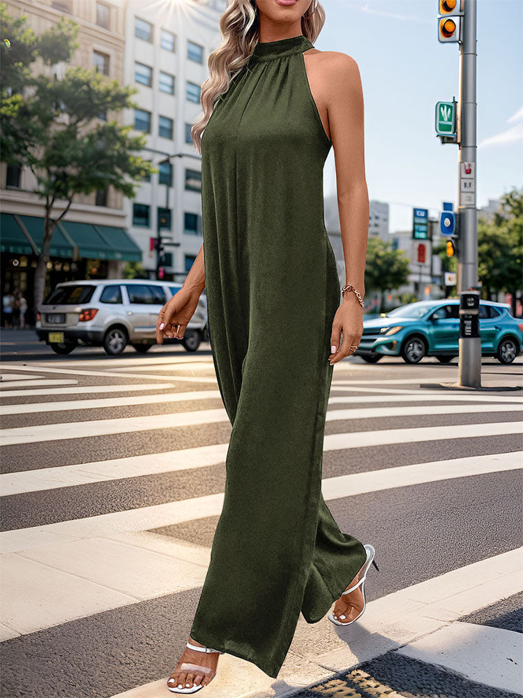 Tie Back Halter Neck Wide Leg Jumpsuit - Army green - 2