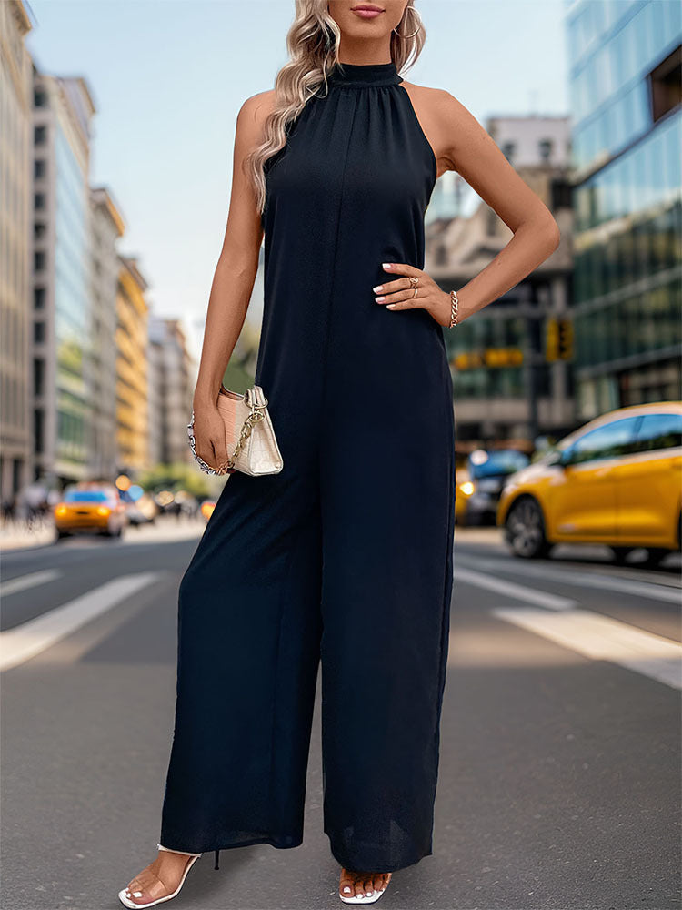 Tie Back Halter Neck Wide Leg Jumpsuit - Black - 3