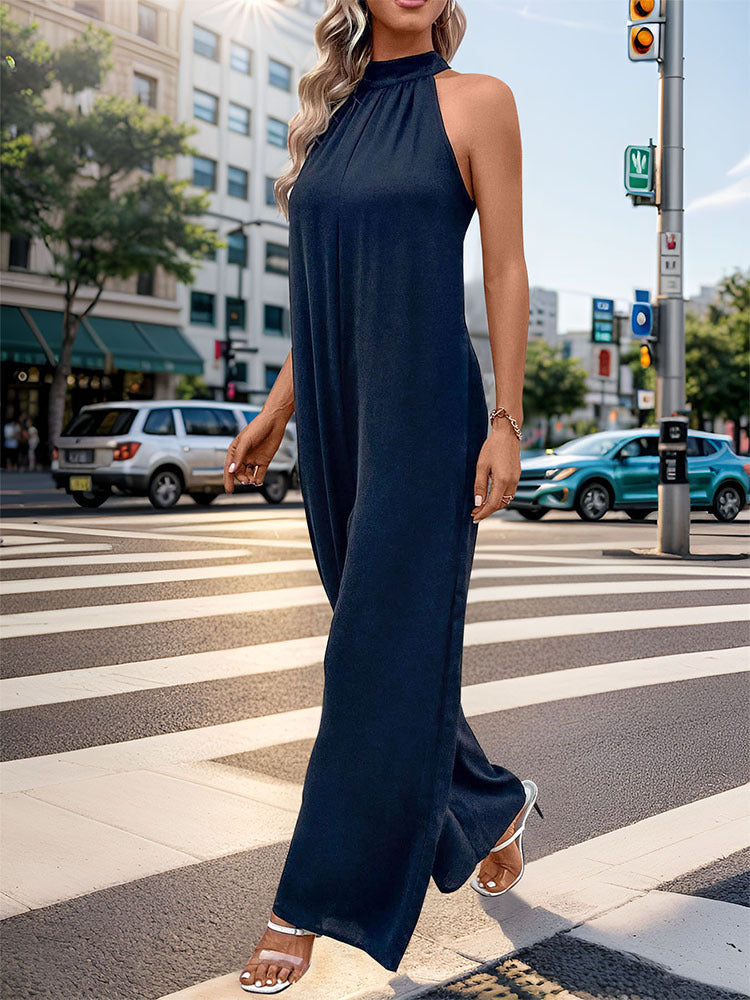 Tie Back Halter Neck Wide Leg Jumpsuit - Dark blue - 2