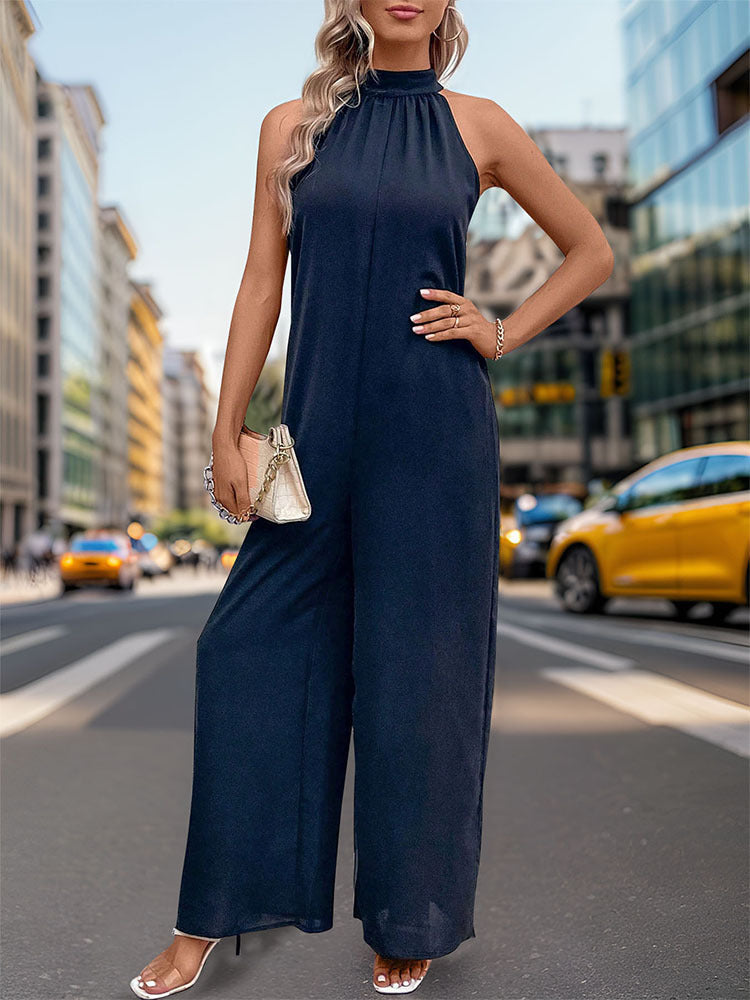 Tie Back Halter Neck Wide Leg Jumpsuit - Dark blue - 4