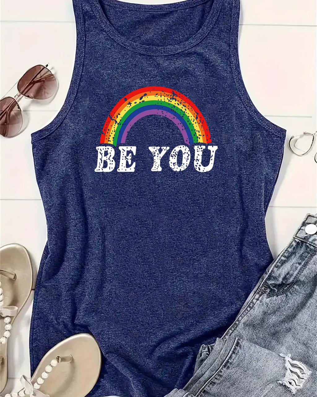 Rainbow Arch Graphic Sleeveless Tank Top - Blue