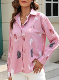 Scattered Feather Print Satin Shirt - Pink