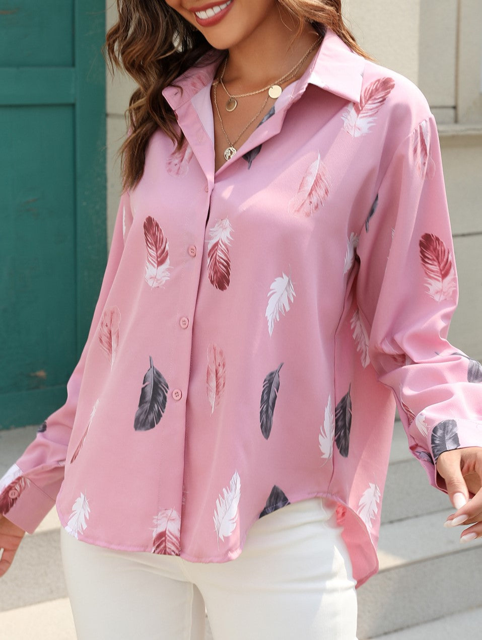 Scattered Feather Print Satin Shirt - Pink - 1