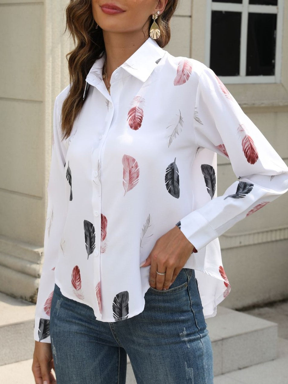 Scattered Feather Print Satin Shirt - White - 1