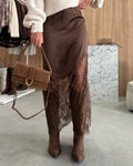 Satin Lace Panel Asymmetric Midi Skirt - Brown