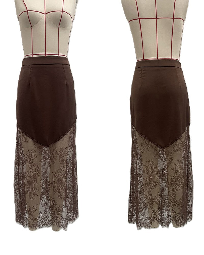 Satin Lace Panel Asymmetric Midi Skirt - Brown - 2