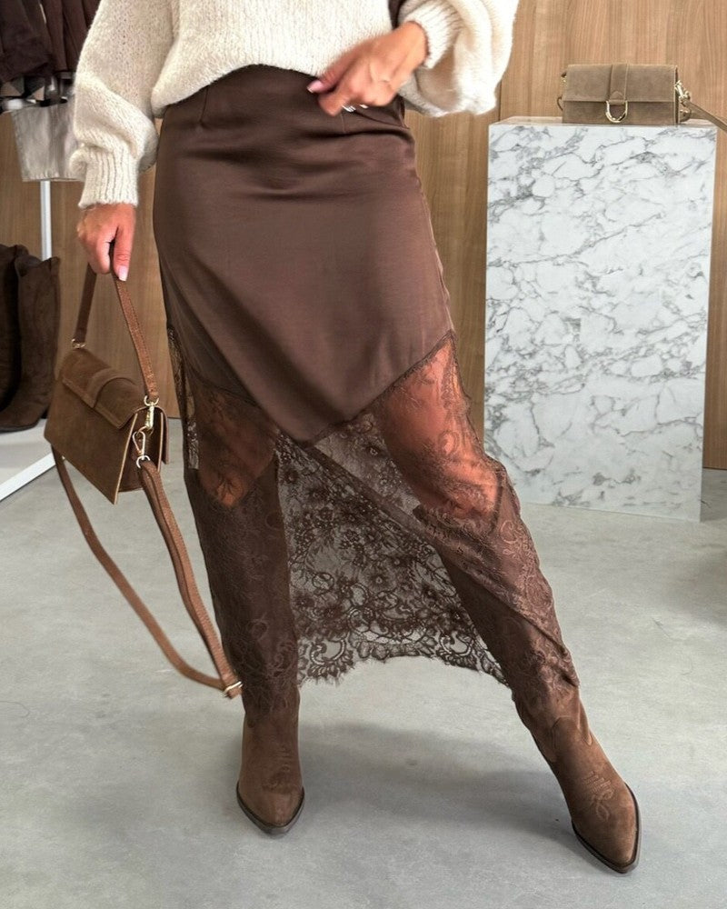 Satin Lace Panel Asymmetric Midi Skirt - Brown - 3