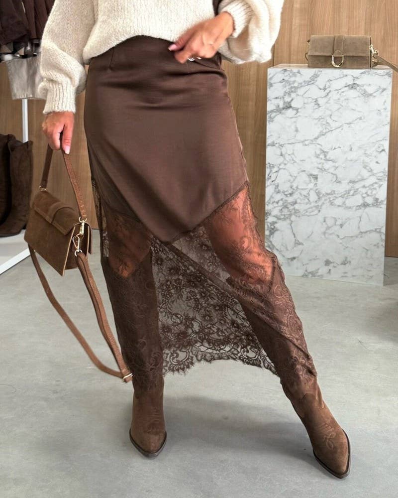 Satin Lace Panel Asymmetric Midi Skirt