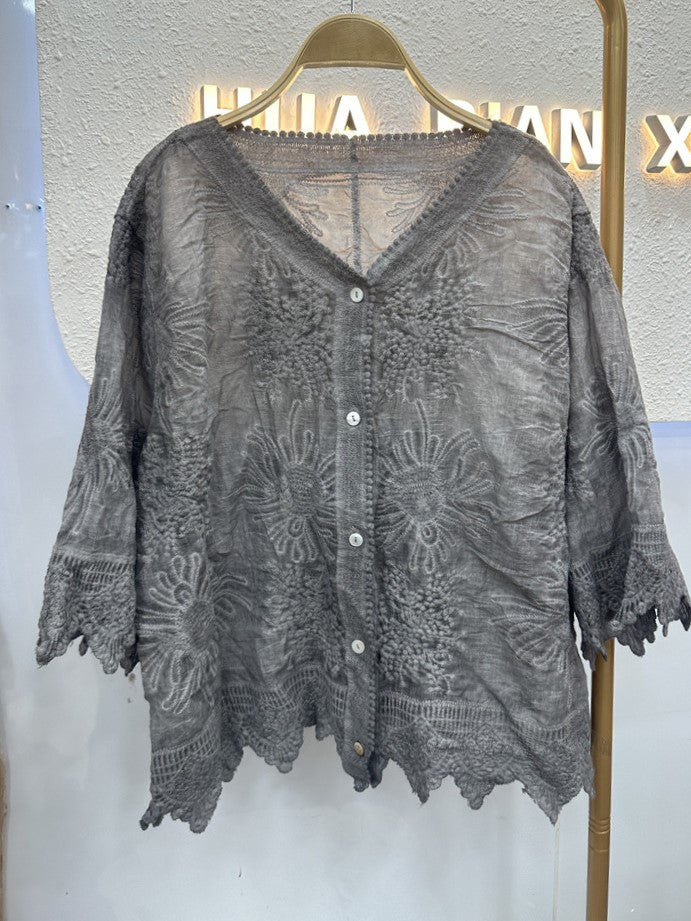 Floral Lace V Neck Blouse With Scalloped Cuffs - Ash