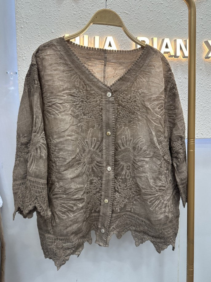Floral Lace V Neck Blouse With Scalloped Cuffs - Coffee