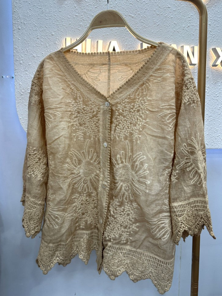 Floral Lace V Neck Blouse With Scalloped Cuffs - Khaki