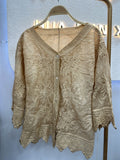 Floral Lace V Neck Blouse With Scalloped Cuffs - Khaki