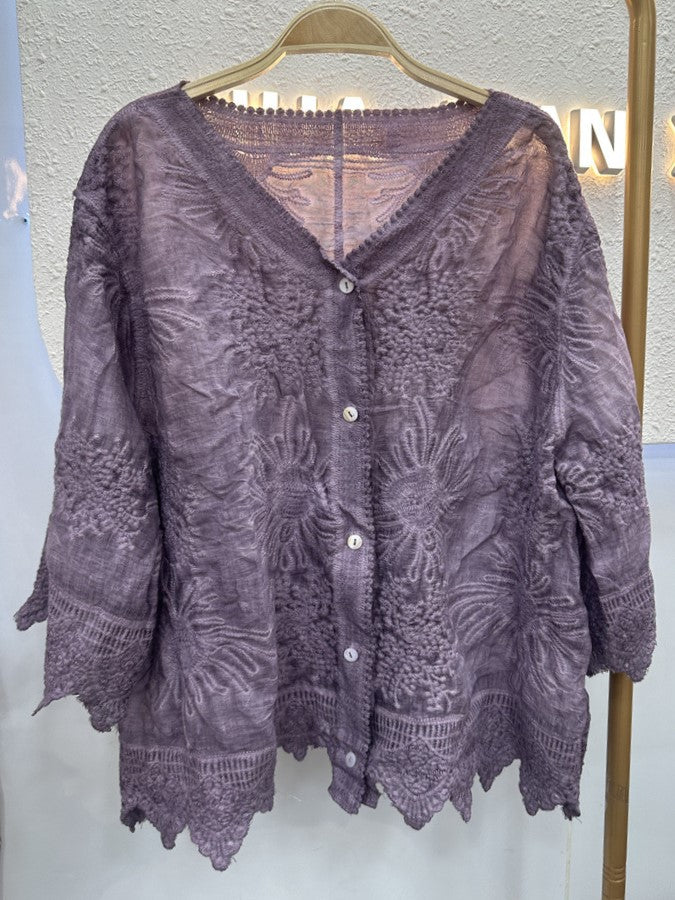 Floral Lace V Neck Blouse With Scalloped Cuffs - Purple - 1