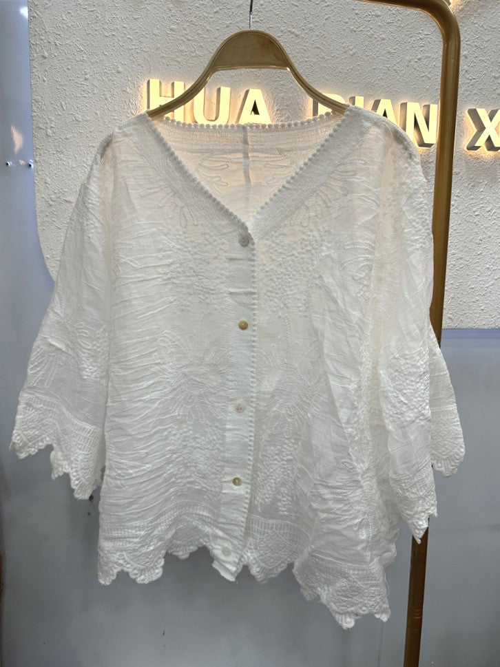 Floral Lace V Neck Blouse With Scalloped Cuffs - White