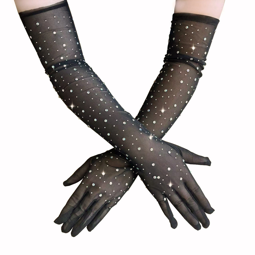 Opera Length Crystal Studded Mesh Gloves - Black