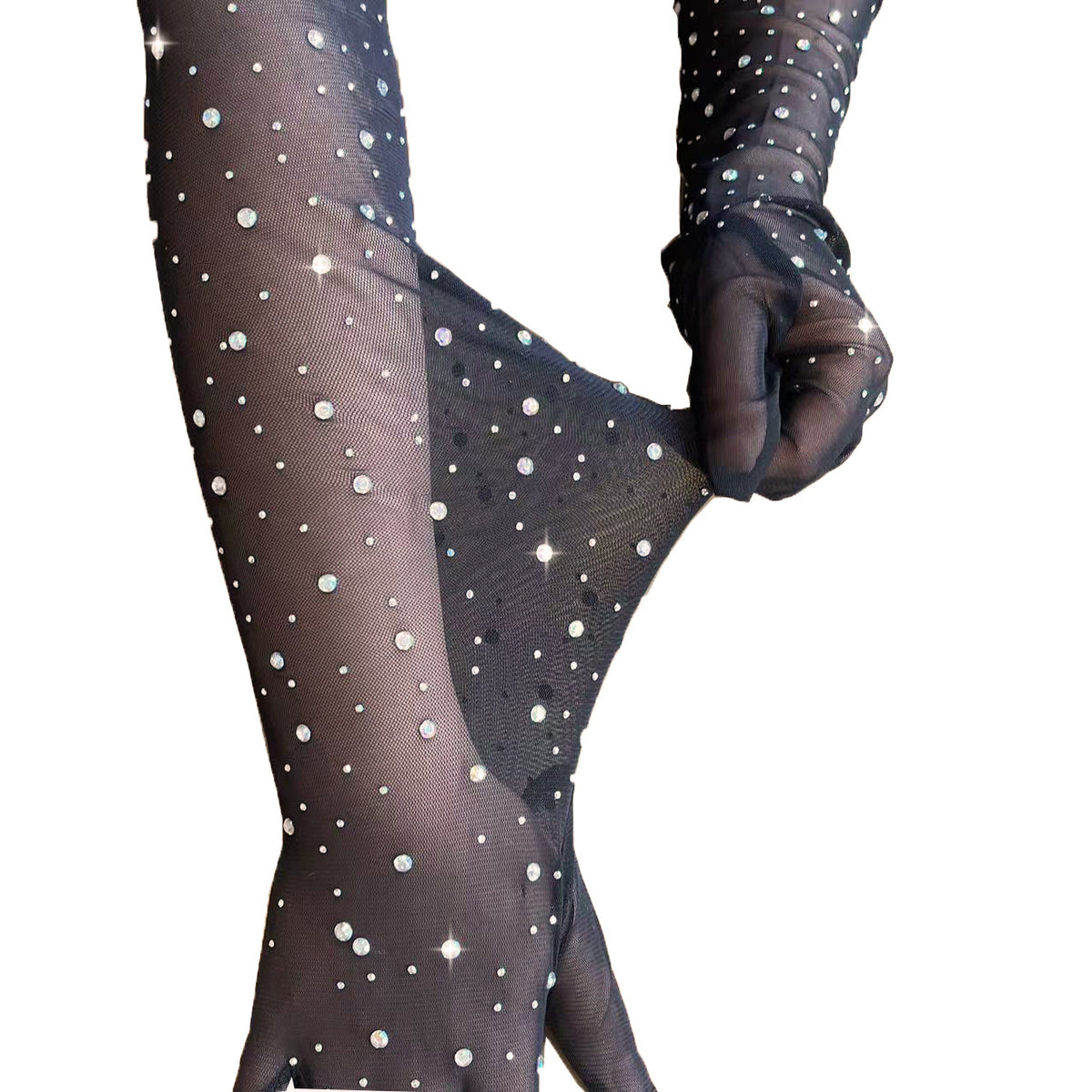 Opera Length Crystal Studded Mesh Gloves - Black - 1