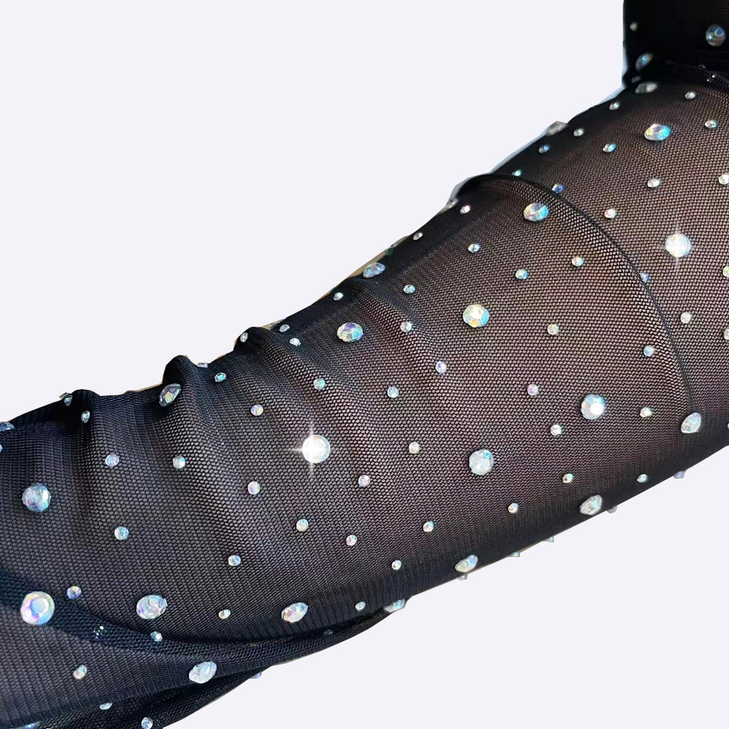 Opera Length Crystal Studded Mesh Gloves - Black - 2