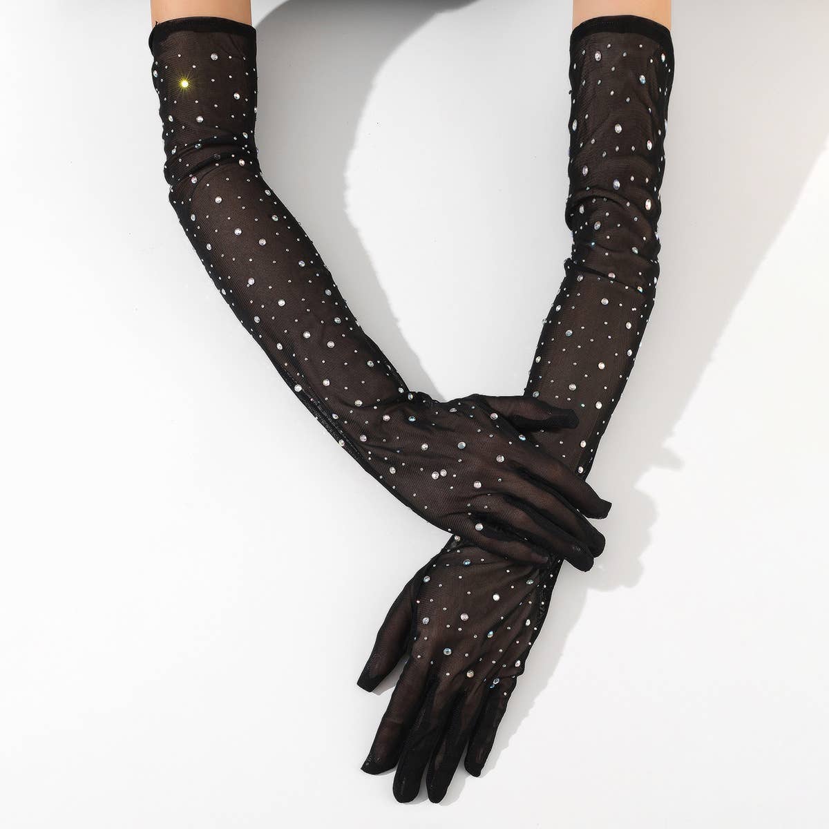 Opera Length Crystal Studded Mesh Gloves