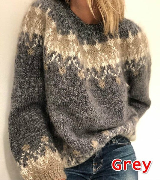 Nordic Fair Isle Chunky Knit Sweater - grey