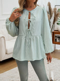 Tie Front Balloon Sleeve Peplum Blouse - Green
