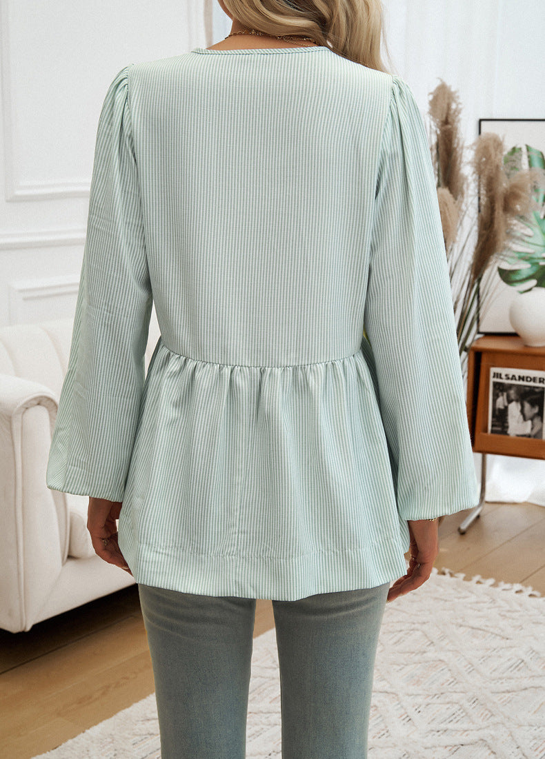 Tie Front Balloon Sleeve Peplum Blouse - Green - 1