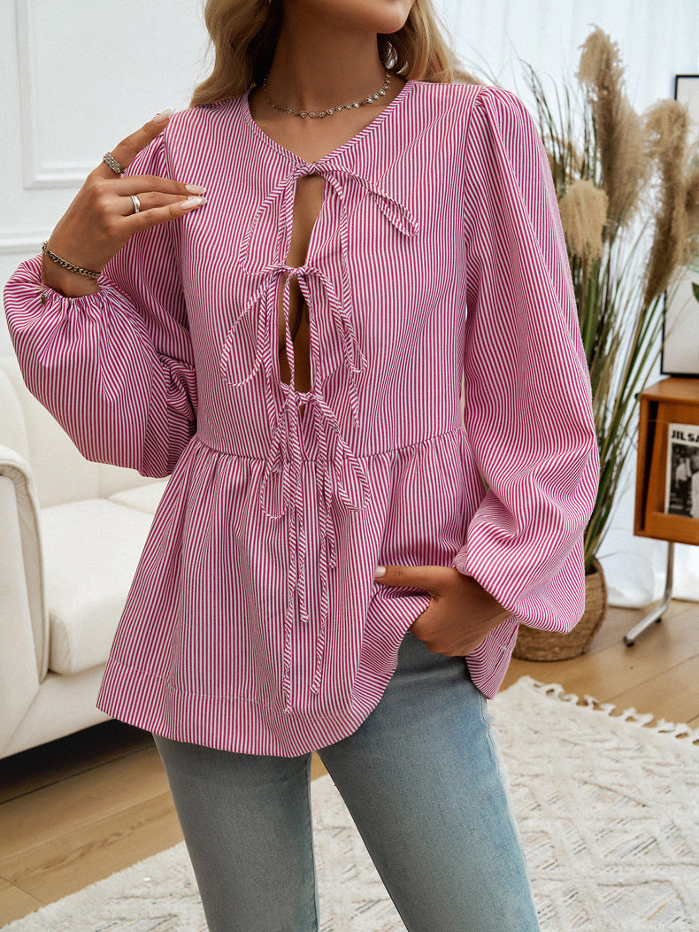 Tie Front Balloon Sleeve Peplum Blouse - Red