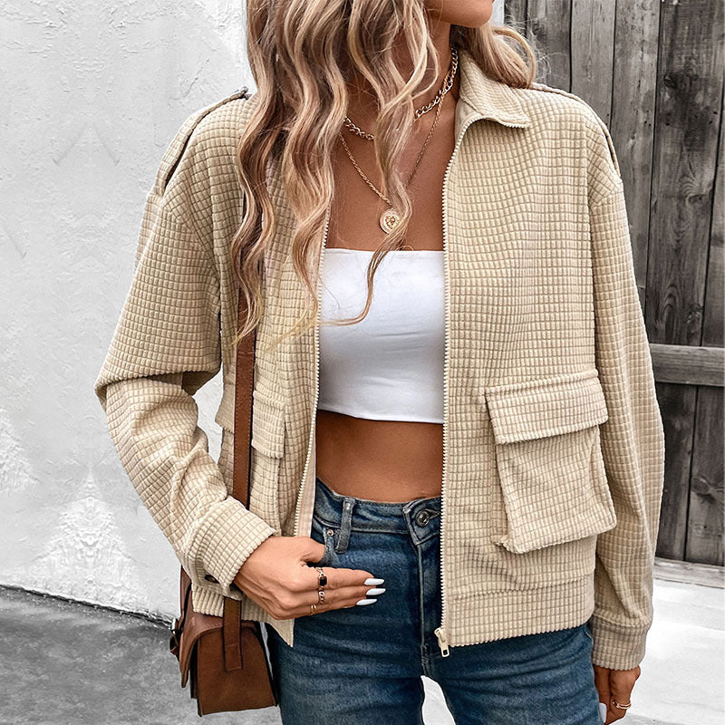 Waffle Knit Zip Up Pocket Jacket - Khaki