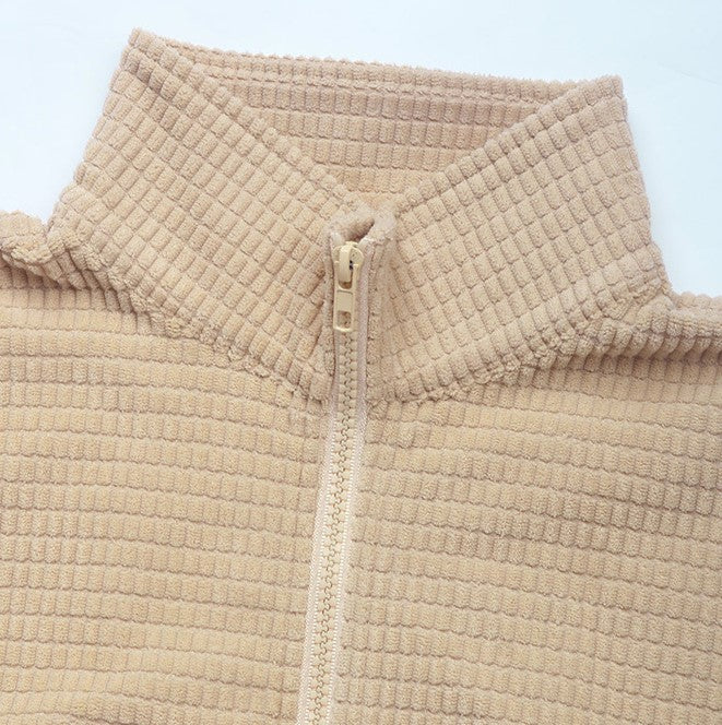 Waffle Knit Zip Up Pocket Jacket - Khaki - 4