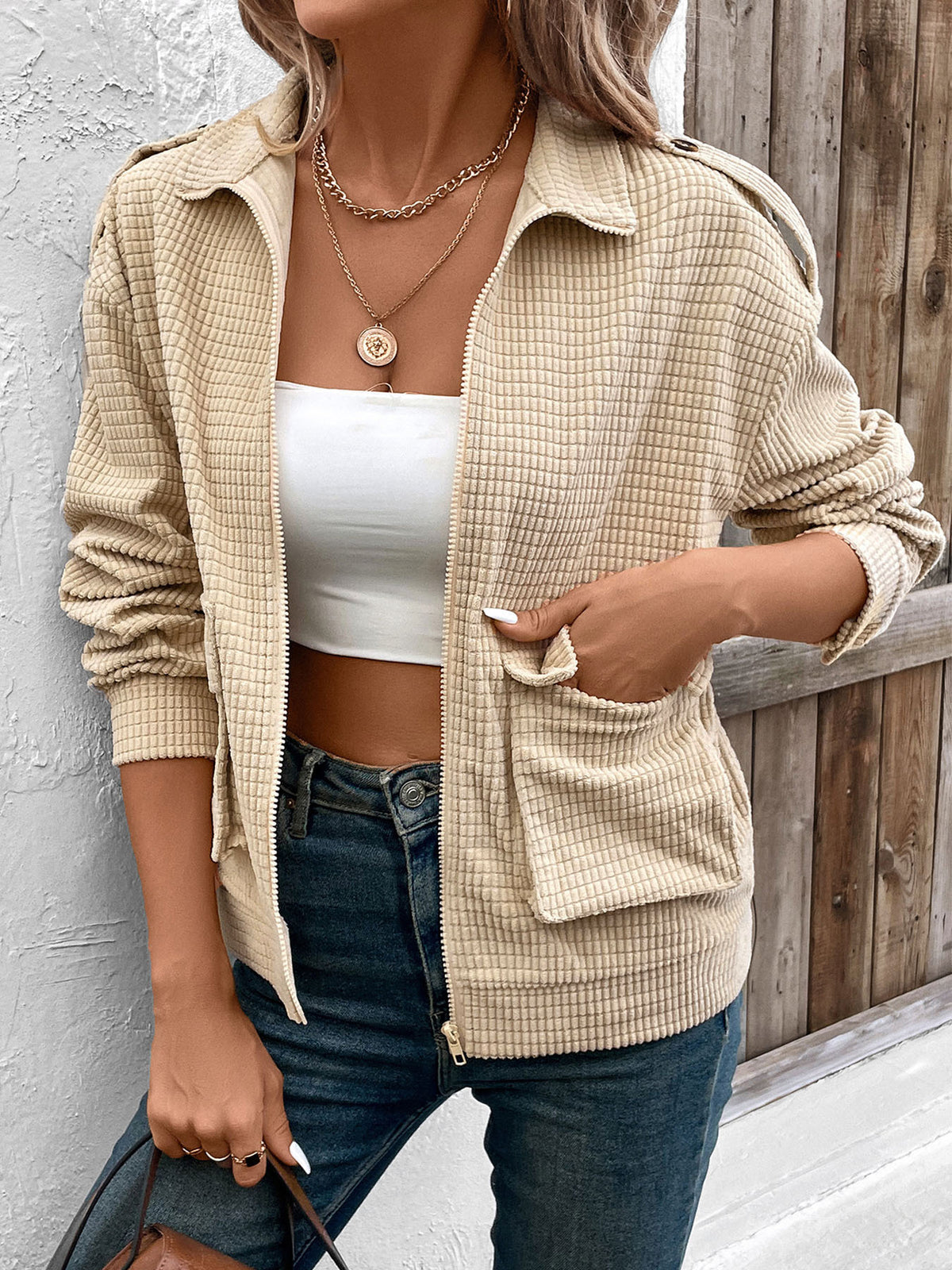 Waffle Knit Zip Up Pocket Jacket