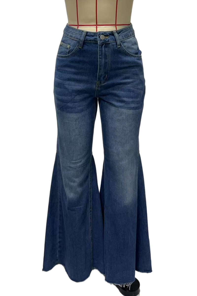 Distressed Hem Wide Flare Jeans - DarkBlue - 2