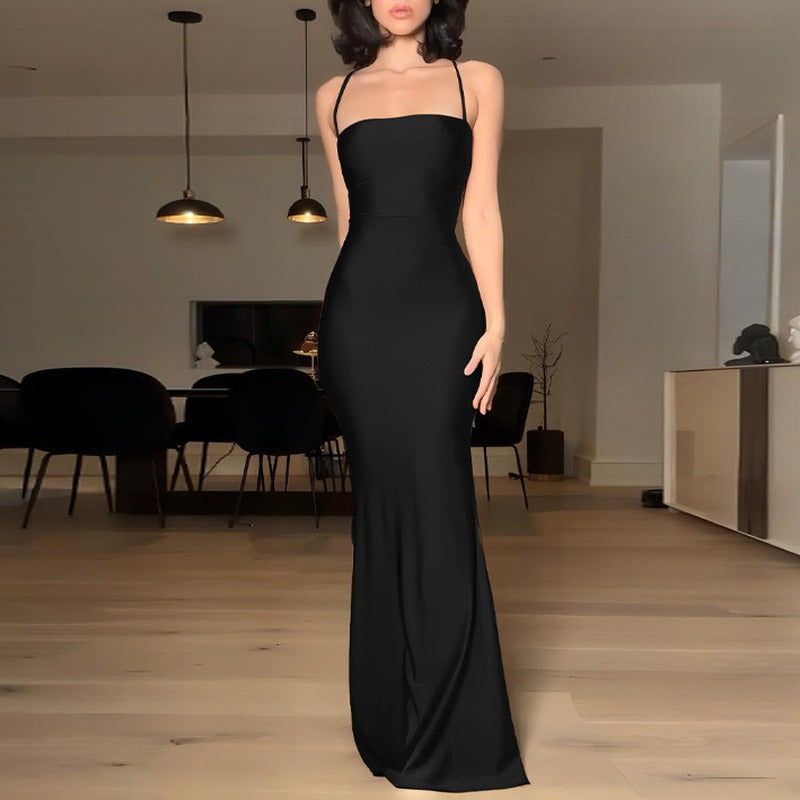 Satin Lace-Up Back Mermaid Maxi Slip Dress - Black