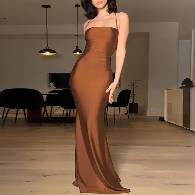 Satin Lace-Up Back Mermaid Maxi Slip Dress - Brown