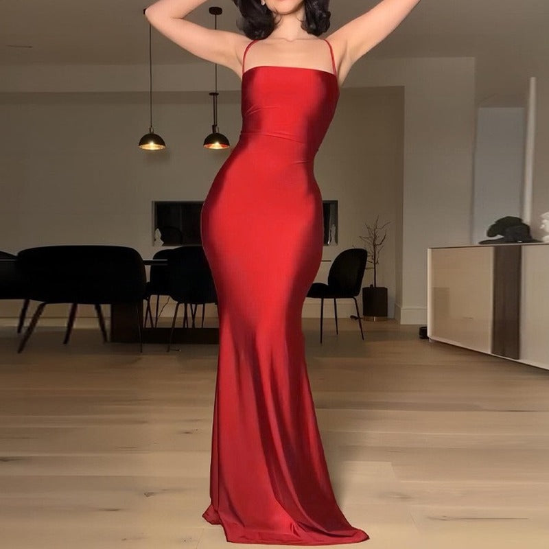 Satin Lace-Up Back Mermaid Maxi Slip Dress - Red