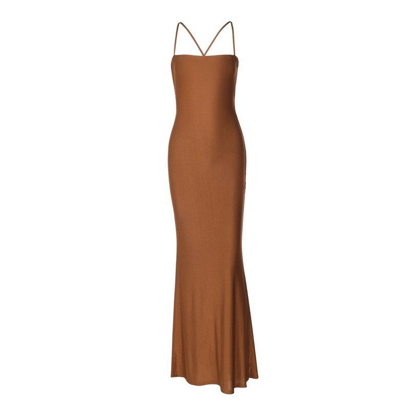 Satin Lace-Up Back Mermaid Maxi Slip Dress