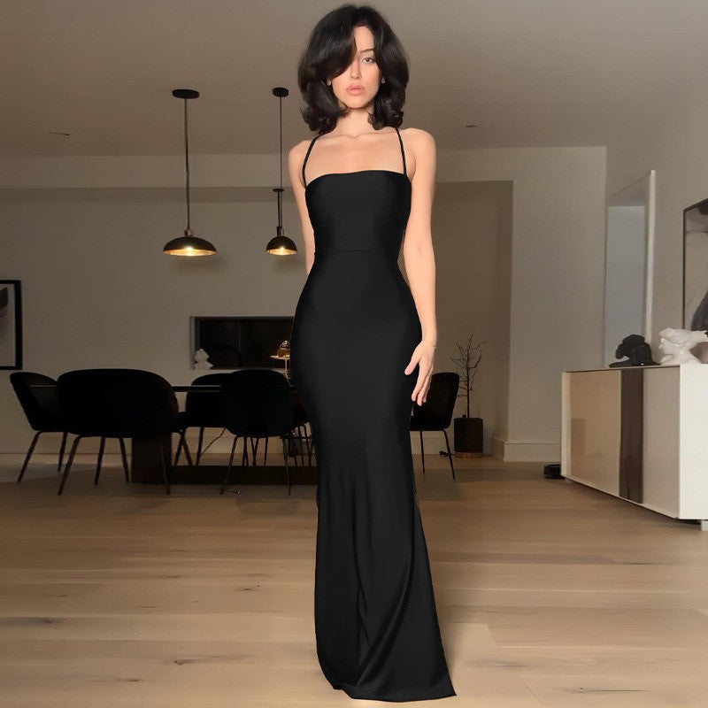 Satin Lace-Up Back Mermaid Maxi Slip Dress