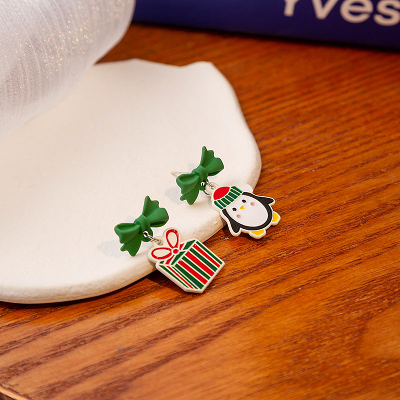 Bow Top Festive Charm Drop Earrings - Penguin - 1