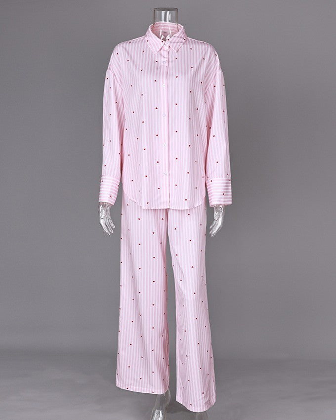 Striped Button Front Pajama Set With Hearts - Color - 1