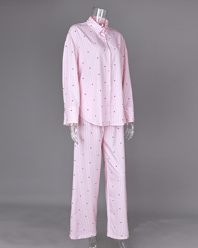 Striped Button Front Pajama Set With Hearts - Color - 2