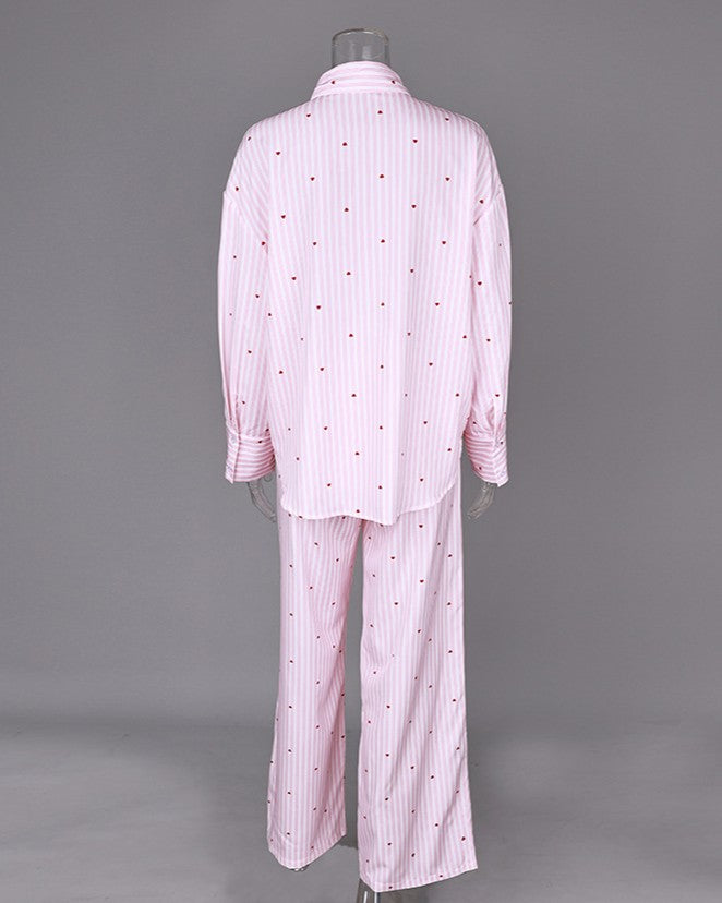 Striped Button Front Pajama Set With Hearts - Color - 3