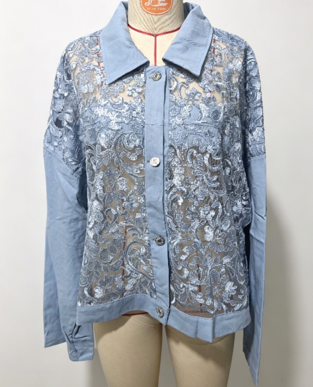 Boho Embroidered Lace Panel Denim Jacket - Blue - 1