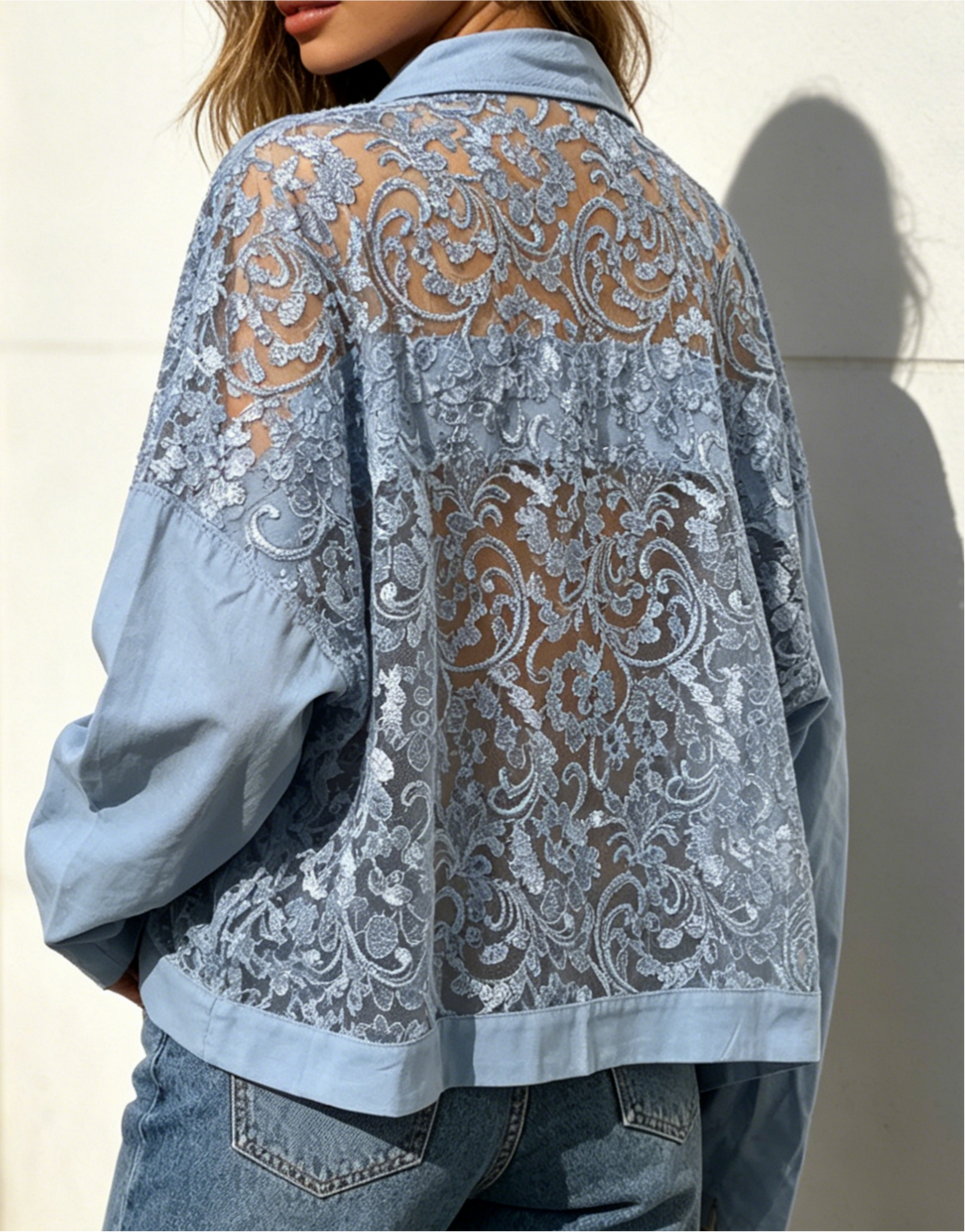 Boho Embroidered Lace Panel Denim Jacket - Blue - 3