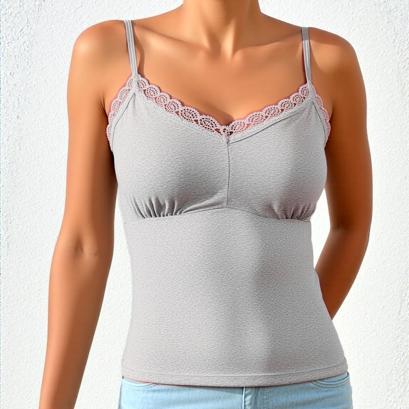 Lace Trim V-Neck Ruched Bust Camisole - grey