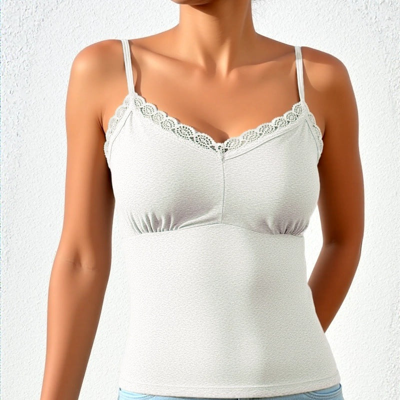 Lace Trim V-Neck Ruched Bust Camisole - white